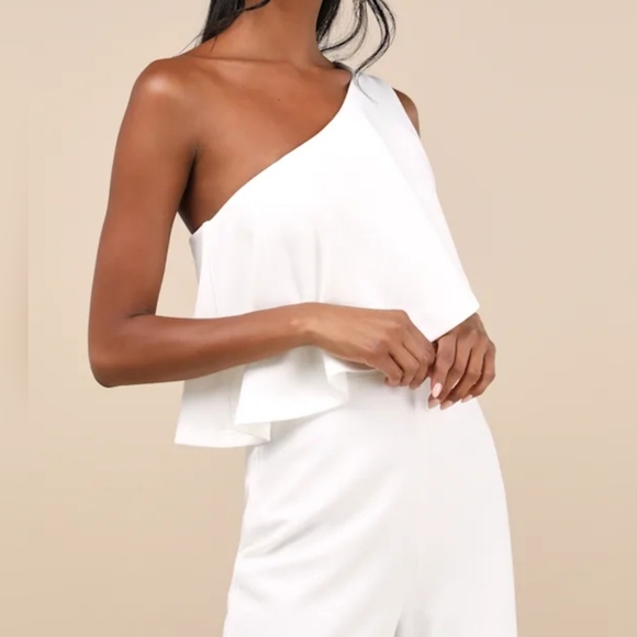 Lulus Flawless Vibes White One-Shoulder Tiered Wide-Leg Jumpsuit, Size Medium - Picture 5 of 10